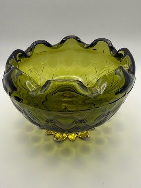 Vintage Avocado Green Indiana Glass Bowl - Duette quilted diamond pattern